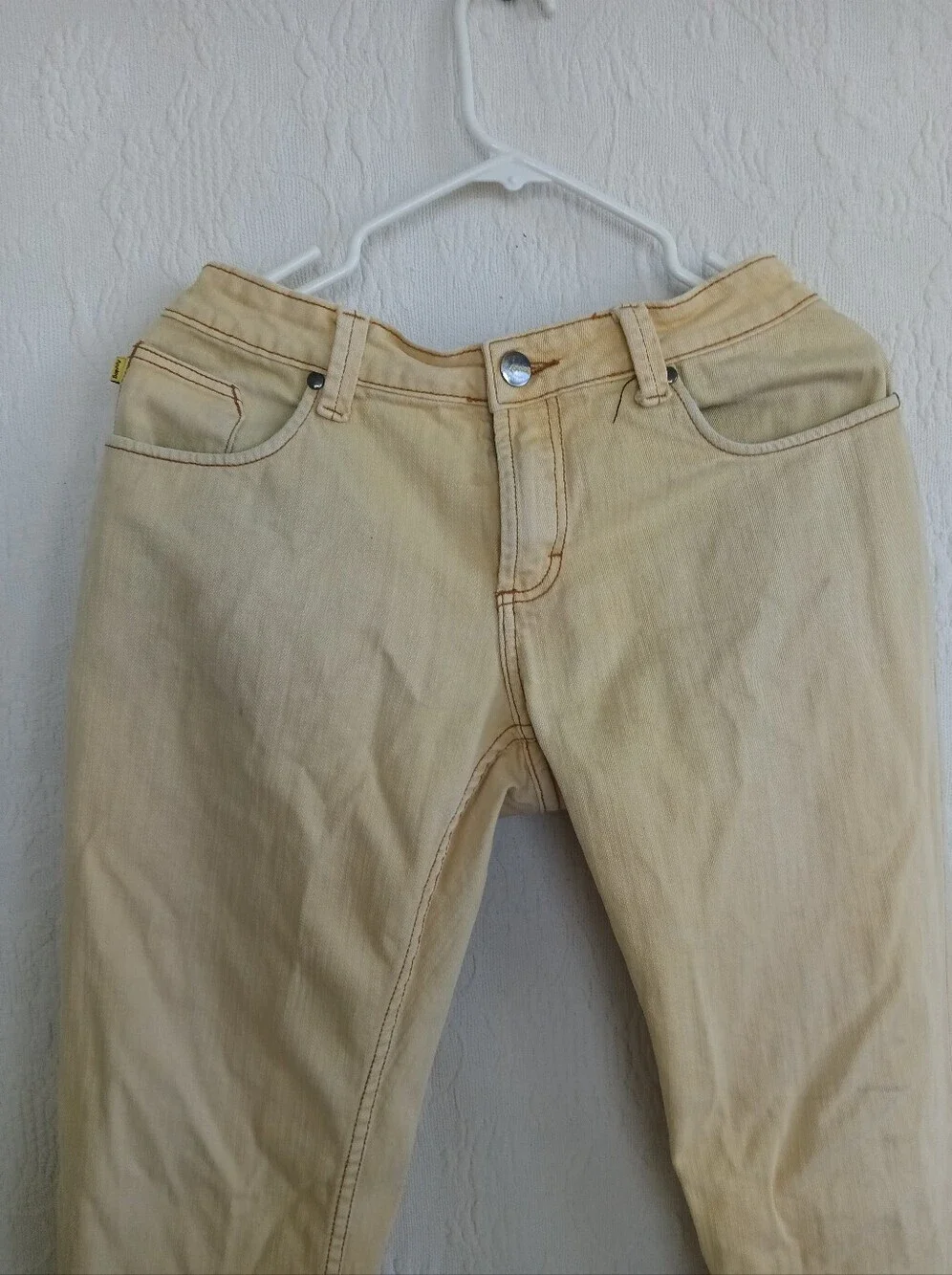 Analog Ochre Yellow Slim Straight Jeans Mid Rise Beige Tan Distressed Faded Punk